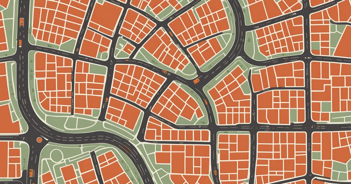 Abstract top-down map illustration of building plots in a Dutch neighbourhood