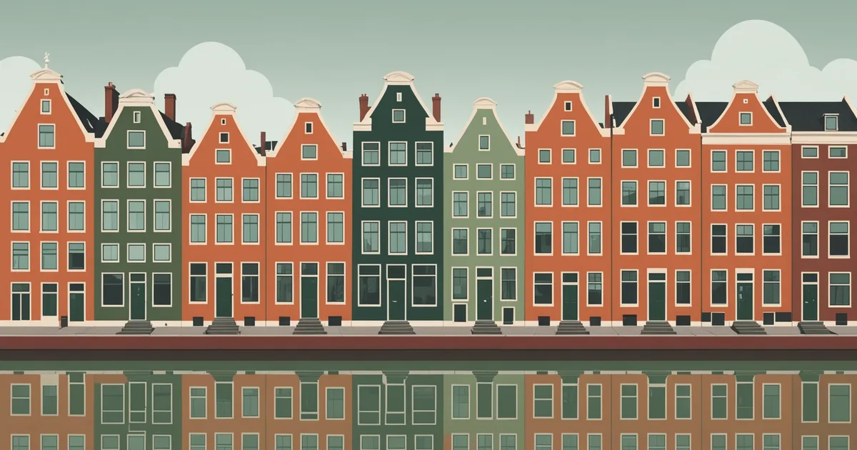 Illustration of Amsterdam canal-side buildings with a permit document overlay