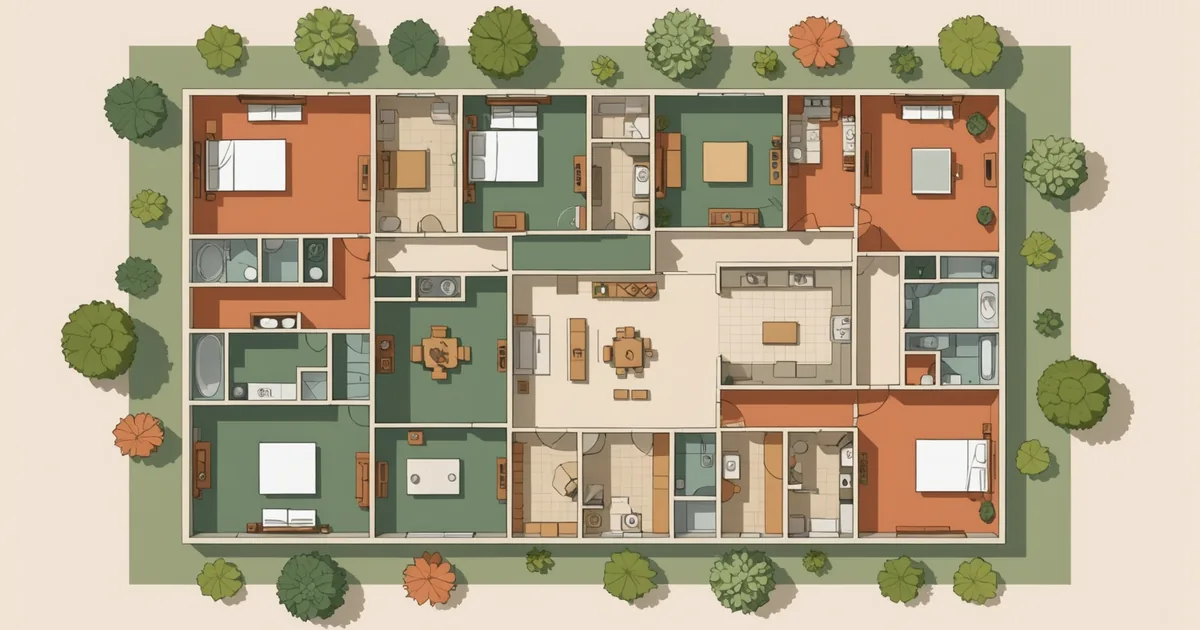 Flat illustration of a floor plan grid with coloured zones