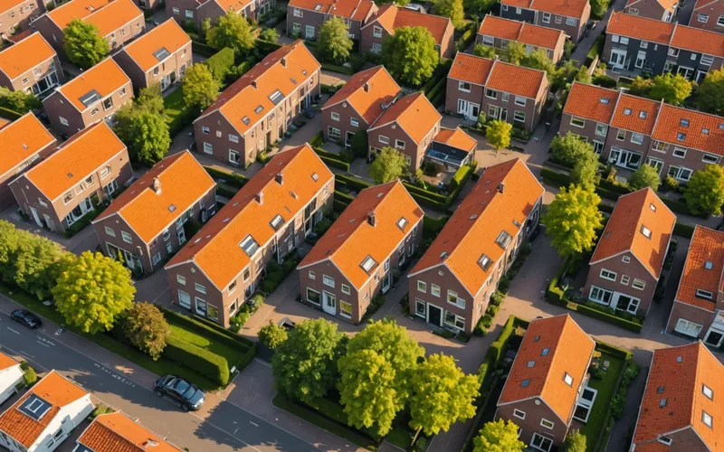 Aerial view of a Dutch residential neighbourhood with small clustered houses and green shared spaces