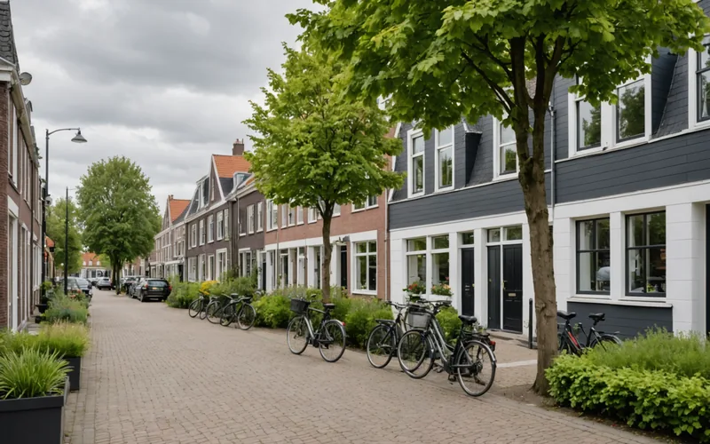 Street-level view of a Dutch co-housing row with shared green strip and bicycle paths