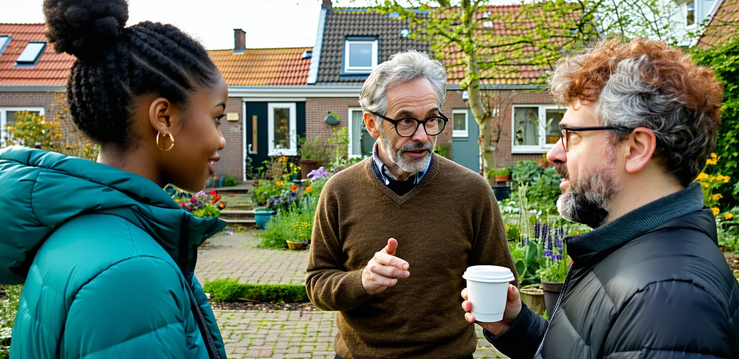 A diverse group of adults gathered around an outdoor table in a Dutch neighbourhood, discussing housing plans with blueprints and drawings
